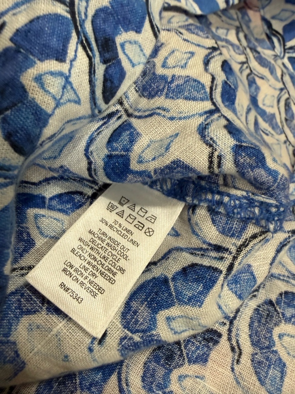Sigrid Olsen Blue Patterned Popover Tunic with Contrast Trim 70% linen - Picture 5 of 5